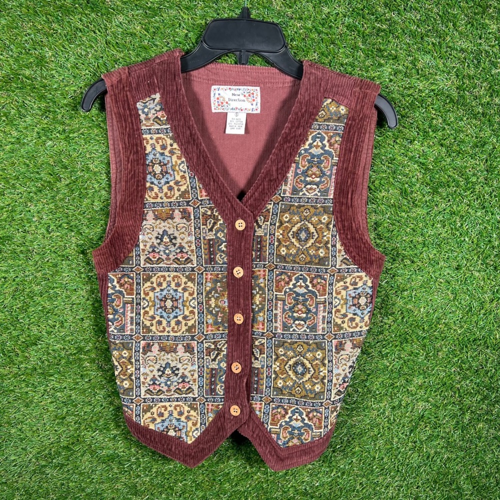 New Direction Burgundy Corduroy Tapestry Print Button Front Vest Small 90's